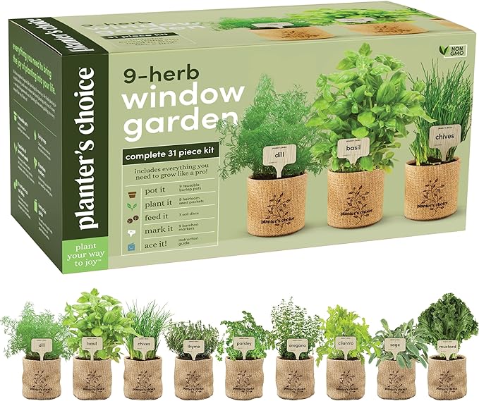 9 Herb Indoor Window Garden Kit - House Plants Seeds - Best Unique Gift Ideas for Women, Mom, Friend, Her, Birthday, Housewarming, Mother - New Home Kitchen Gifts - Live Plant Starter (Burlap Pots)