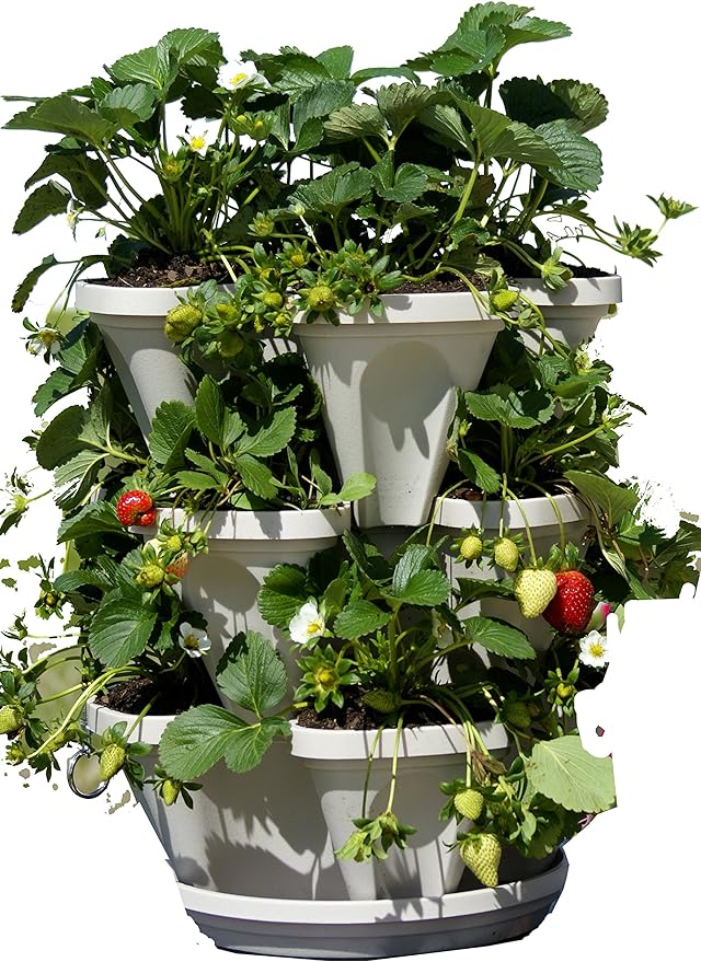 3 Tier Stackable Garden - Indoor / Outdoor Vertical Planter Set - Self Watering Tiers From Top Down - Grow Fresh Herbs In The Kitchen or Patio - Smart Planting Pots - Used for Strawberries Herbs Peppers Flowers and Succulents (Stone)