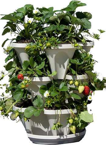 3 Tier Stackable Garden - Indoor / Outdoor Vertical Planter Set - Self Watering Tiers From Top Down - Grow Fresh Herbs In The Kitchen or Patio - Smart Planting Pots - Used for Strawberries Herbs Peppers Flowers and Succulents (Stone)