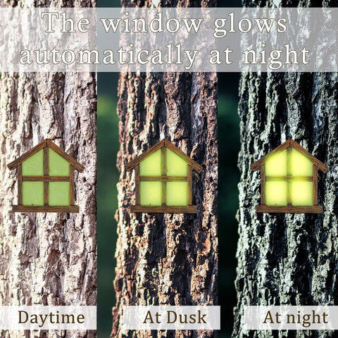 Juegoal Fairy Gnome Home Miniature Window and Door with Litter lamp for Trees Decoration, Glow in Dark Fairies Sleeping Door and Windows, Yard Art Garden Sculpture, Lawn Ornament Decor