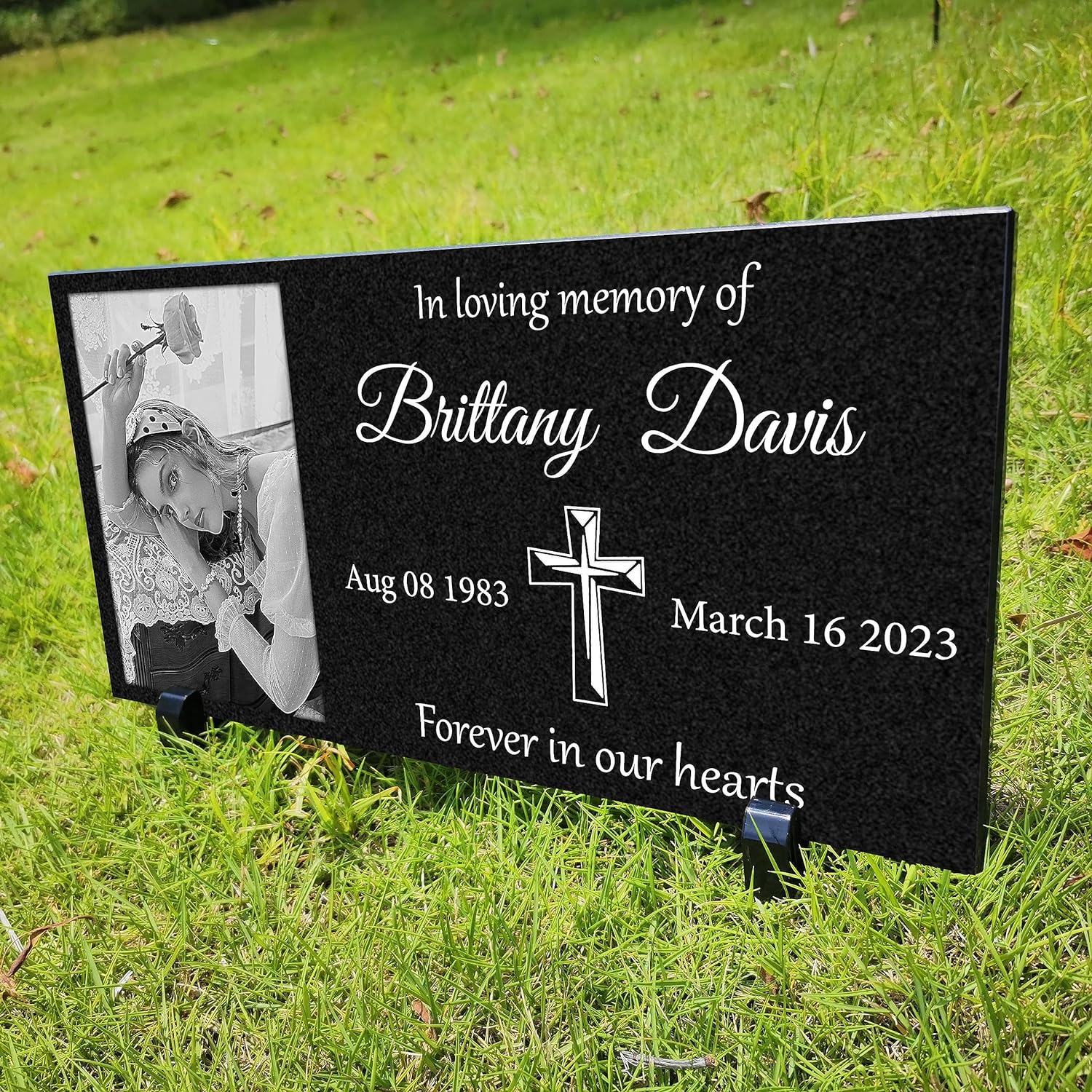 VINGMEM Personalized Headstone with Photo, Memorial Stone, Headstones for Graves, Grave Markers, Black Granite Garden Stone, Memorial Plaques for Outdoor, Grave Decoration for Cemetery (Photo)