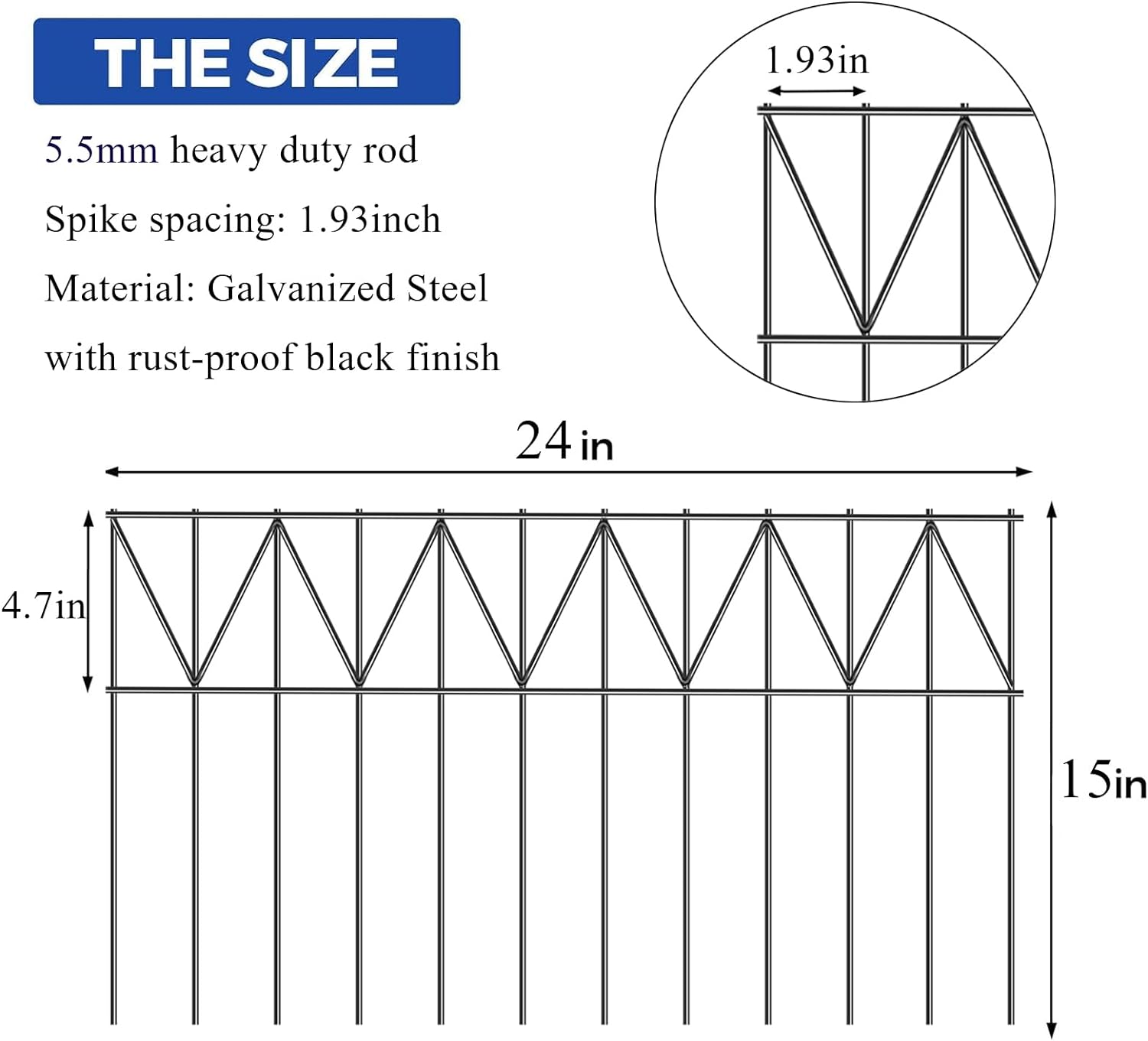 GRELWT 5 Pack 24"L x 15"H Animal Barrier Fence, Underground No Dig Fence, 5.5mm Galvanized Stakes with 2 inch Spacing, Metal Fence Panel for Outdoor Yard Patio, Total 10Ft(L) X 15in(H) Black