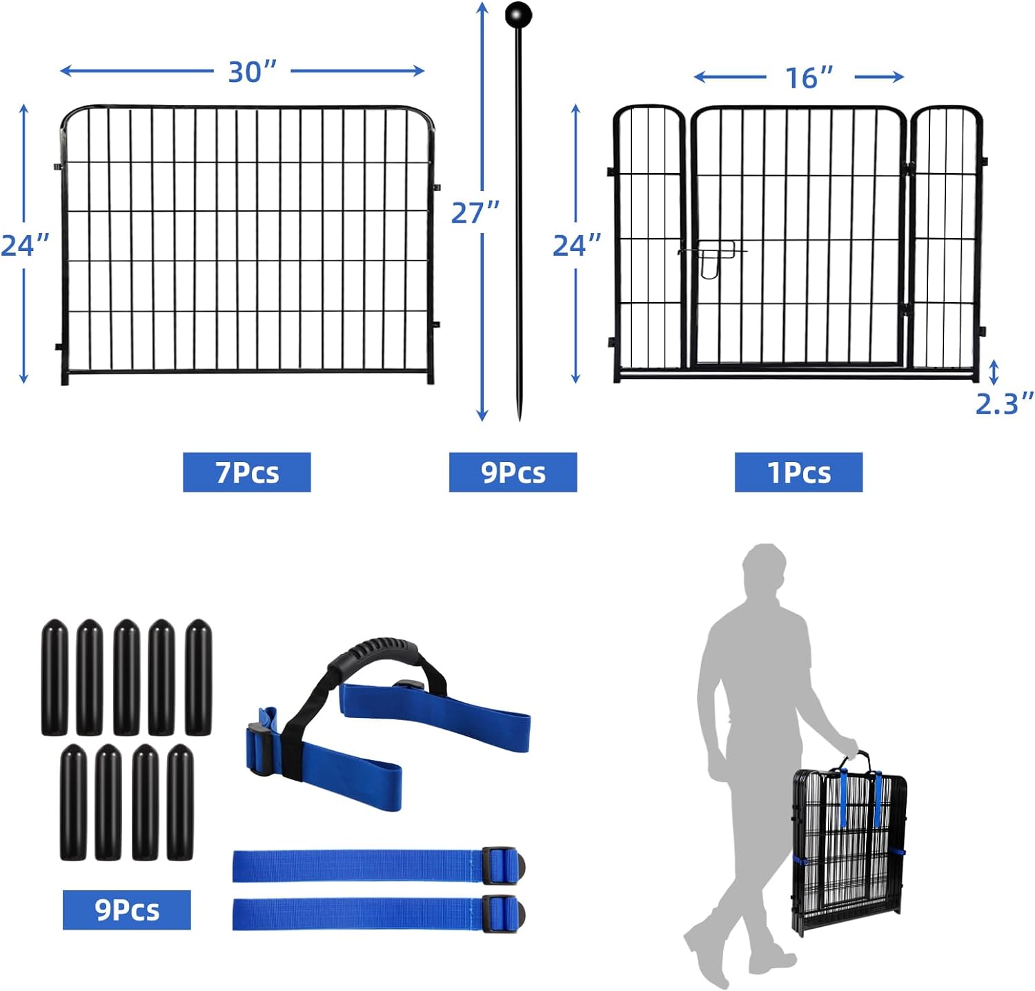 ADAVIN Valla de jardín de metal con puerta de 40 pulgadas de alto x 18 pies de largo, 8 paneles de valla de barrera alta para animales, borde de metal de hierro resistente negro, corral para perros para interiores y exteriores, valla de caravana sin excav