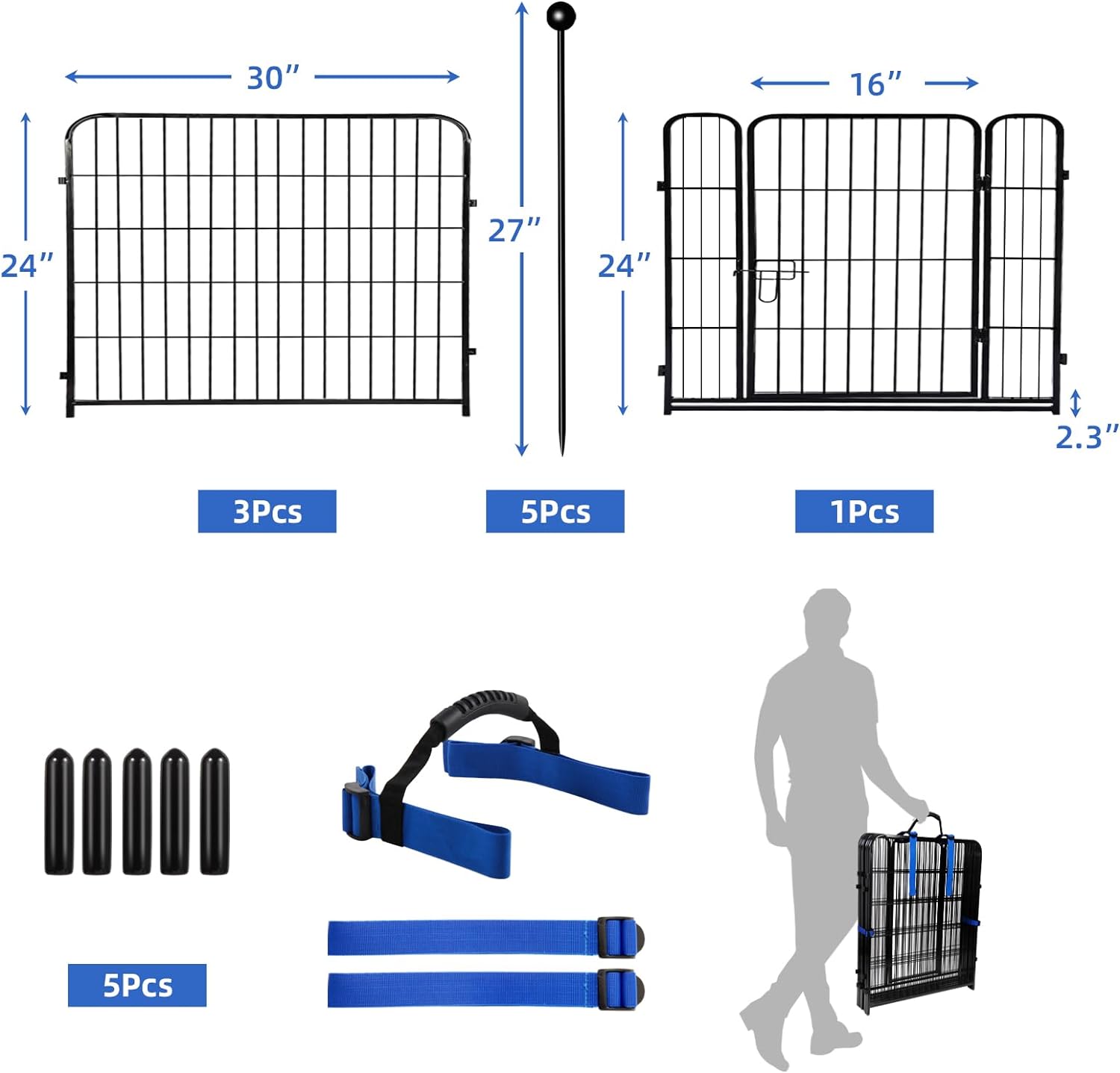 ADAVIN Valla de jardín de metal con puerta de 40 pulgadas de alto x 18 pies de largo, 8 paneles de valla de barrera alta para animales, borde de metal de hierro resistente negro, corral para perros para interiores y exteriores, valla de caravana sin excav