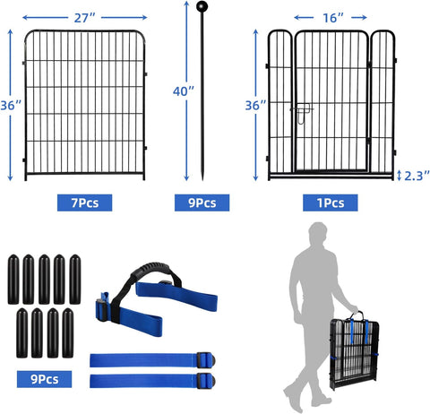 ADAVIN Valla de jardín de metal con puerta de 40 pulgadas de alto x 18 pies de largo, 8 paneles de valla de barrera alta para animales, borde de metal de hierro resistente negro, corral para perros para interiores y exteriores, valla de caravana sin excav