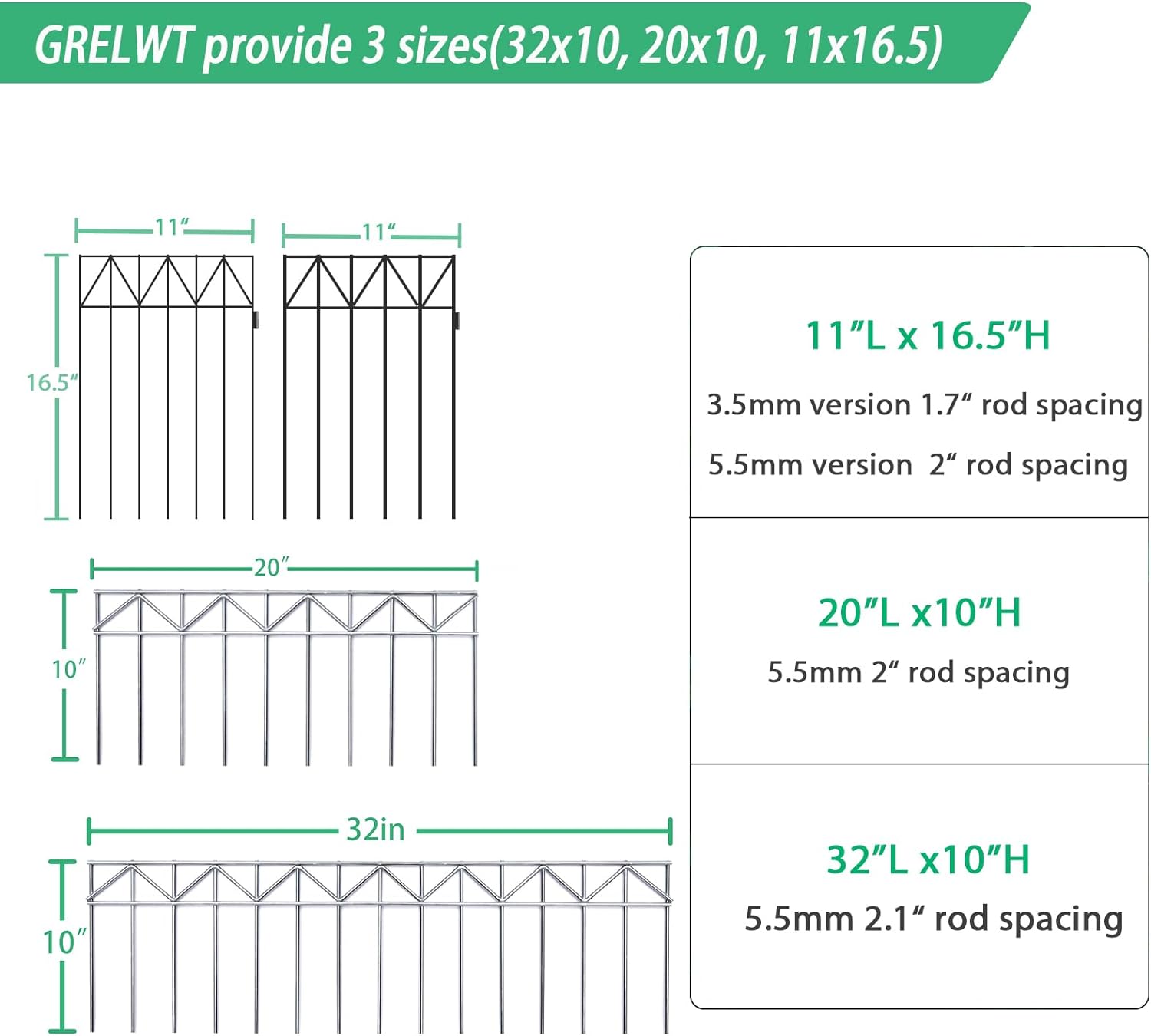 GRELWT 5 Pack 24"L x 15"H Animal Barrier Fence, Underground No Dig Fence, 5.5mm Galvanized Stakes with 2 inch Spacing, Metal Fence Panel for Outdoor Yard Patio, Total 10Ft(L) X 15in(H) Black