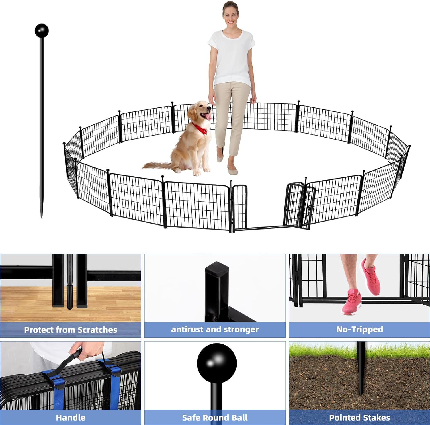 ADAVIN Valla de jardín de metal con puerta de 40 pulgadas de alto x 18 pies de largo, 8 paneles de valla de barrera alta para animales, borde de metal de hierro resistente negro, corral para perros para interiores y exteriores, valla de caravana sin excav