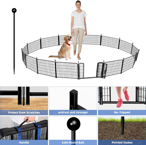 ADAVIN Valla de jardín de metal con puerta de 40 pulgadas de alto x 18 pies de largo, 8 paneles de valla de barrera alta para animales, borde de metal de hierro resistente negro, corral para perros para interiores y exteriores, valla de caravana sin excav