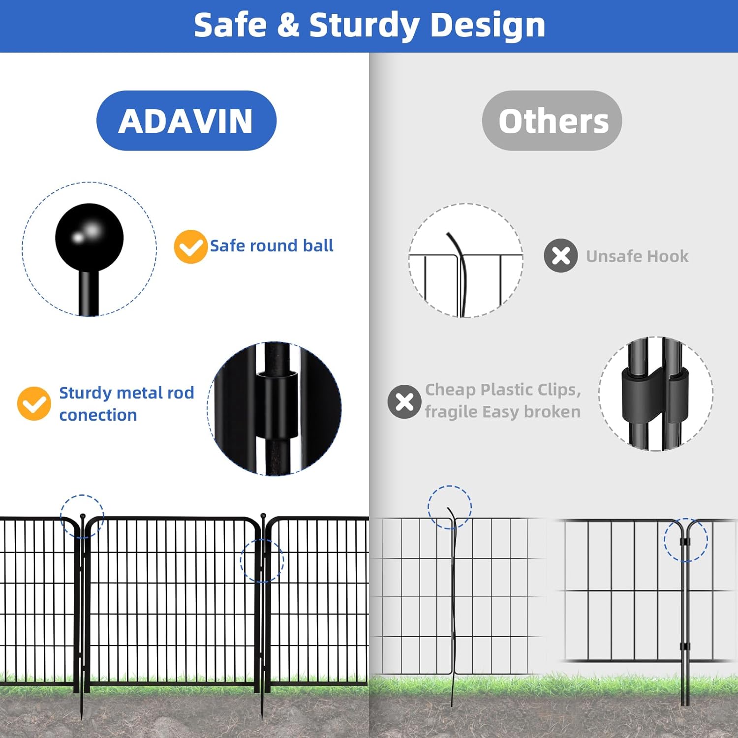 ADAVIN Valla de jardín de metal con puerta de 40 pulgadas de alto x 18 pies de largo, 8 paneles de valla de barrera alta para animales, borde de metal de hierro resistente negro, corral para perros para interiores y exteriores, valla de caravana sin excav