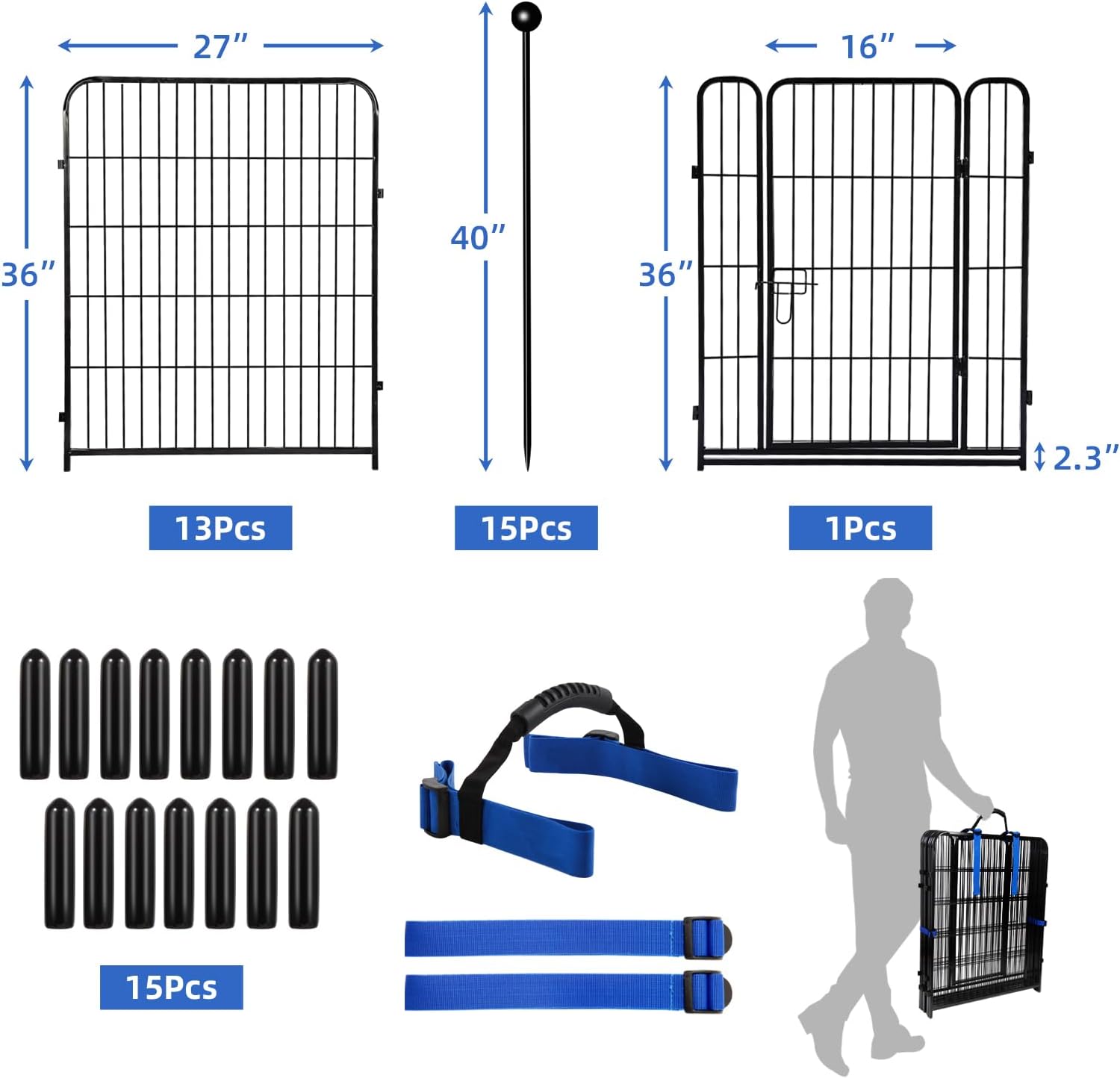 ADAVIN Valla de jardín de metal con puerta de 40 pulgadas de alto x 18 pies de largo, 8 paneles de valla de barrera alta para animales, borde de metal de hierro resistente negro, corral para perros para interiores y exteriores, valla de caravana sin excav