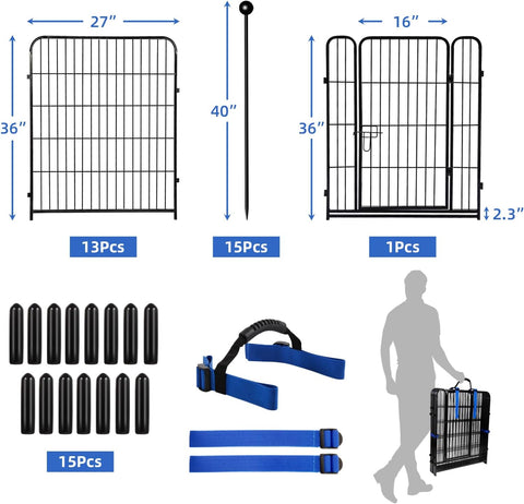 ADAVIN Valla de jardín de metal con puerta de 40 pulgadas de alto x 18 pies de largo, 8 paneles de valla de barrera alta para animales, borde de metal de hierro resistente negro, corral para perros para interiores y exteriores, valla de caravana sin excav