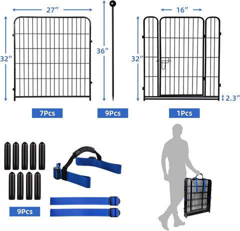 ADAVIN Valla de jardín de metal con puerta de 40 pulgadas de alto x 18 pies de largo, 8 paneles de valla de barrera alta para animales, borde de metal de hierro resistente negro, corral para perros para interiores y exteriores, valla de caravana sin excav