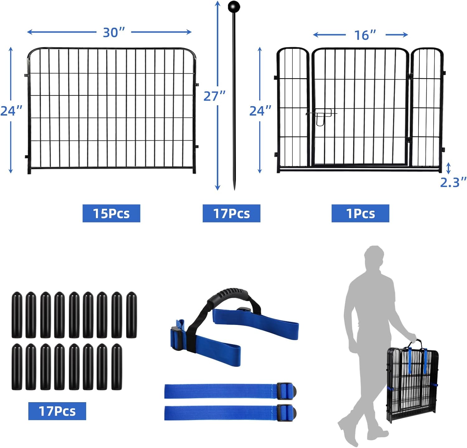 ADAVIN Valla de jardín de metal con puerta de 40 pulgadas de alto x 18 pies de largo, 8 paneles de valla de barrera alta para animales, borde de metal de hierro resistente negro, corral para perros para interiores y exteriores, valla de caravana sin excav