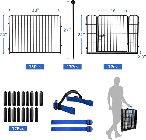 ADAVIN Valla de jardín de metal con puerta de 40 pulgadas de alto x 18 pies de largo, 8 paneles de valla de barrera alta para animales, borde de metal de hierro resistente negro, corral para perros para interiores y exteriores, valla de caravana sin excav