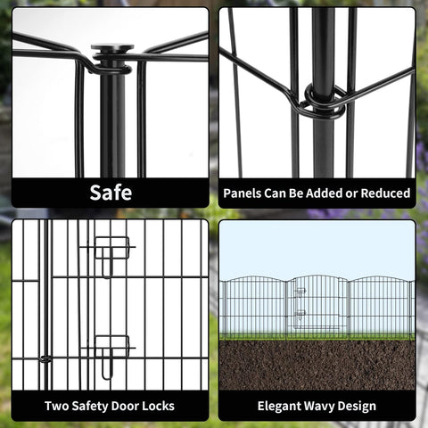 INJOPEXI Valla de jardín 6 paneles de 11.8 pies de largo x 30 pulgadas de alto, valla decorativa para jardín con 5 paneles + 1 puerta de alambre inoxidable sin excavar, valla de jardín de animales para exteriores, para patio trasero, patio, color negro