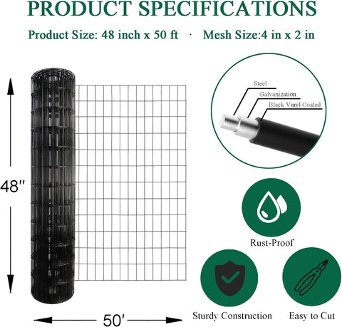 FOREHOGAR Valla de alambre soldada con revestimiento de PVC negro de 48 pulgadas x 50 pies, 2 pulgadas x 3 pulgadas 16GA, rollo de cercado de borde de jardín, malla de alambre de metal con revestimiento de vinilo para patio, protección de plantas vegetale