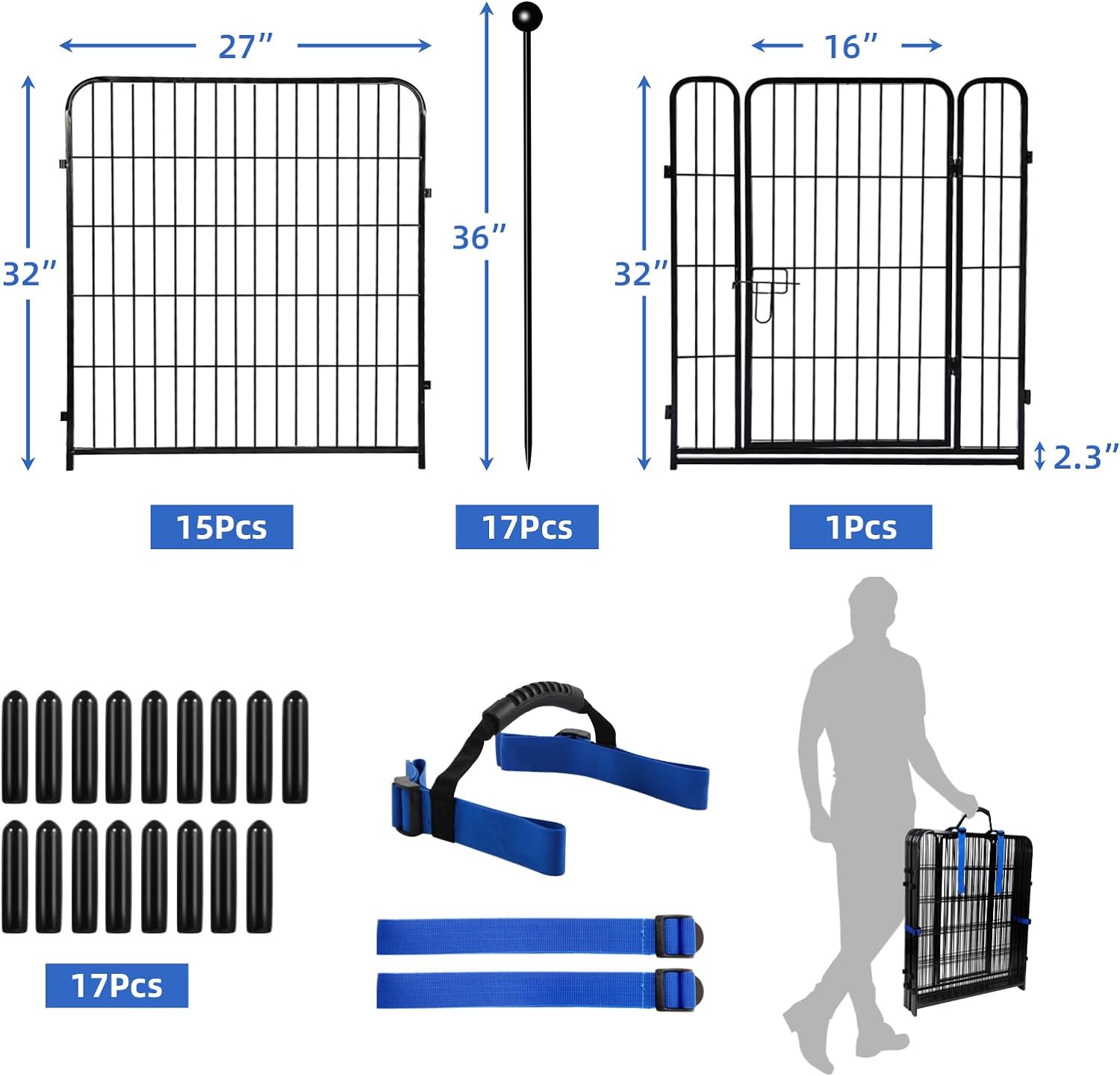 ADAVIN Valla de jardín de metal con puerta de 40 pulgadas de alto x 18 pies de largo, 8 paneles de valla de barrera alta para animales, borde de metal de hierro resistente negro, corral para perros para interiores y exteriores, valla de caravana sin excav