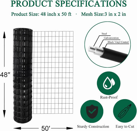 FOREHOGAR Valla de alambre soldada con revestimiento de PVC negro de 48 pulgadas x 50 pies, 2 pulgadas x 3 pulgadas 16GA, rollo de cercado de borde de jardín, malla de alambre de metal con revestimiento de vinilo para patio, protección de plantas vegetale