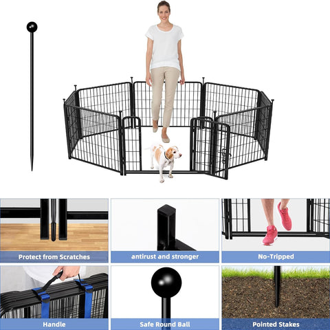 ADAVIN Valla de jardín de metal con puerta de 40 pulgadas de alto x 18 pies de largo, 8 paneles de valla de barrera alta para animales, borde de metal de hierro resistente negro, corral para perros para interiores y exteriores, valla de caravana sin excav