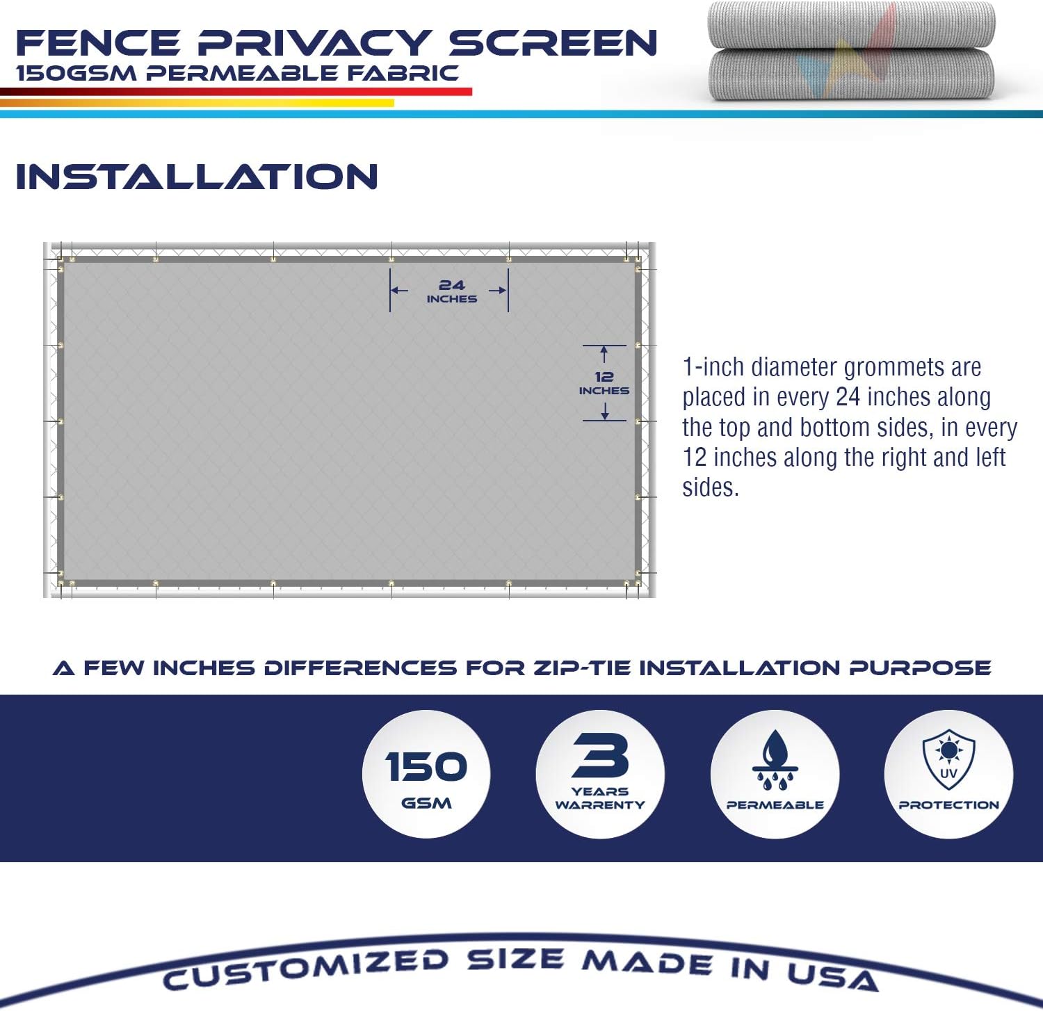 Windscreen4less - Cerca de privacidad resistente de 6 x 50 pies, color negro, ojales de latón, 4.42 onzas por yarda cuadrada, personalizable