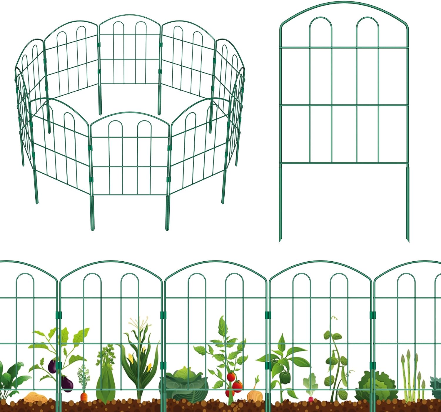 10 Pack Decorative Green Garden Fence Outdoor 24'' (H) x 10' (L) Coated Metal RustProof Landscape Wrought Iron Wire Border Folding Fences Flower Bed Fencing Animal Barrier Section Panels Decor