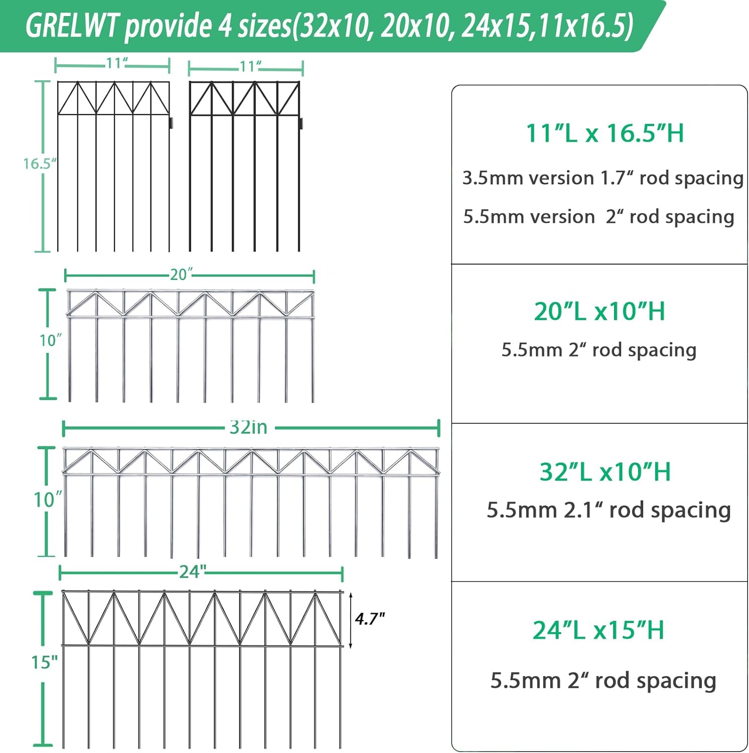 GRELWT 5 Pack 24"L x 15"H Animal Barrier Fence, Underground No Dig Fence, 5.5mm Galvanized Stakes with 2 inch Spacing, Metal Fence Panel for Outdoor Yard Patio, Total 10Ft(L) X 15in(H) Black