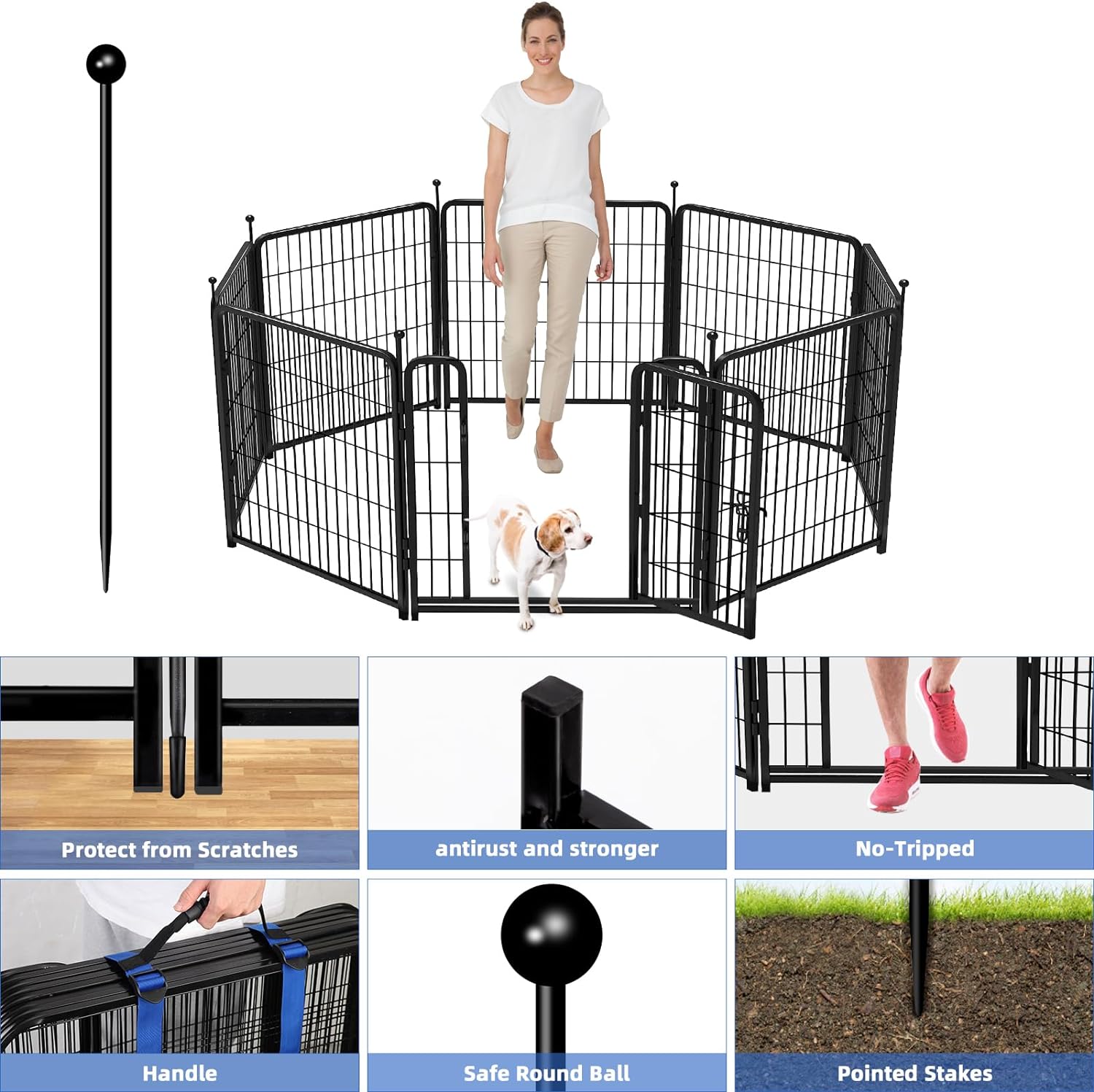 ADAVIN Valla de jardín de metal con puerta de 40 pulgadas de alto x 18 pies de largo, 8 paneles de valla de barrera alta para animales, borde de metal de hierro resistente negro, corral para perros para interiores y exteriores, valla de caravana sin excav