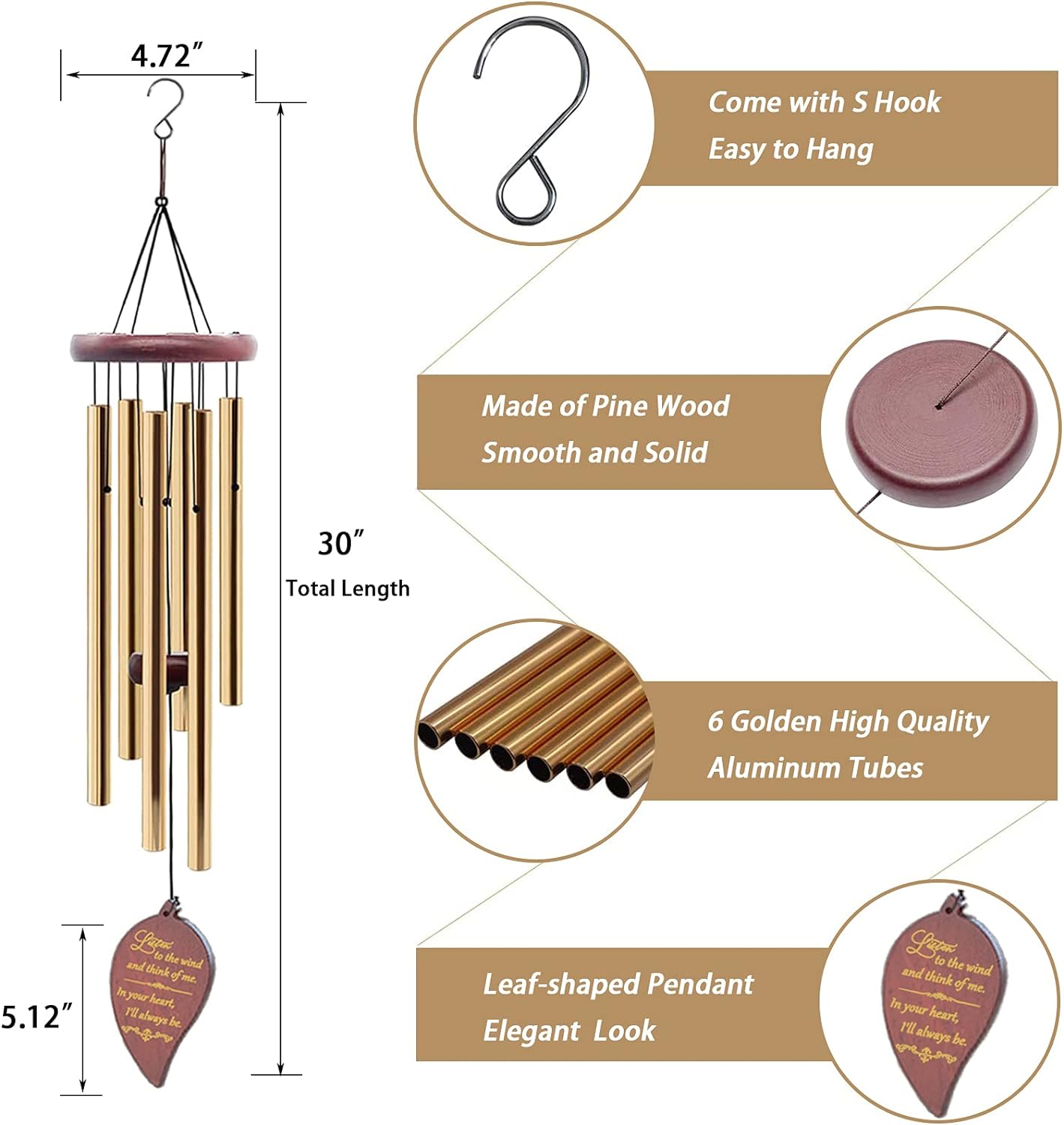 Soopau Campanillas de viento para exteriores, de madera de 30 pulgadas, campanillas de viento conmemorativas para la pérdida de un ser querido, madre, padre, regalo de condolencias, decoración del hogar, jardín al aire libre, patio 