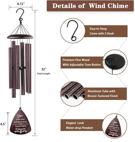 Soopau Campanillas de viento para exteriores, de madera de 30 pulgadas, campanillas de viento conmemorativas para la pérdida de un ser querido, madre, padre, regalo de condolencias, decoración del hogar, jardín al aire libre, patio 