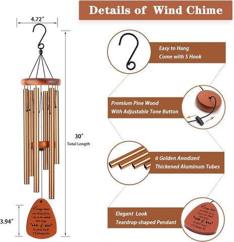 Soopau Campanillas de viento para exteriores, de madera de 30 pulgadas, campanillas de viento conmemorativas para la pérdida de un ser querido, madre, padre, regalo de condolencias, decoración del hogar, jardín al aire libre, patio 