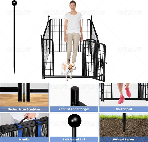 ADAVIN Valla de jardín de metal con puerta de 40 pulgadas de alto x 18 pies de largo, 8 paneles de valla de barrera alta para animales, borde de metal de hierro resistente negro, corral para perros para interiores y exteriores, valla de caravana sin excav