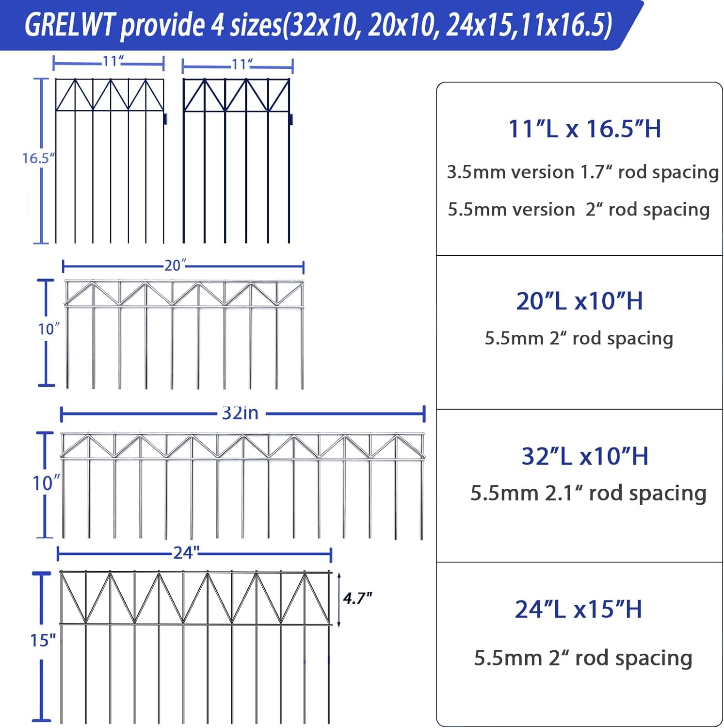 GRELWT 5 Pack 24"L x 15"H Animal Barrier Fence, Underground No Dig Fence, 5.5mm Galvanized Stakes with 2 inch Spacing, Metal Fence Panel for Outdoor Yard Patio, Total 10Ft(L) X 15in(H) Black