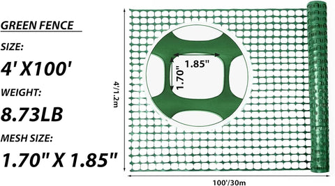 PotatoLife Valla de seguridad de malla de plástico, rollo de 4 x 100 pies con 100 bridas, red temporal reutilizable para cercado de jardín, construcción, valla de nieve, barrera de animales, aves, ciervos, patio, verde
