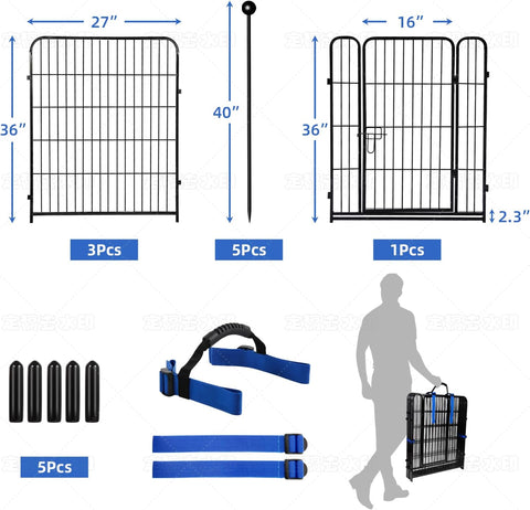 ADAVIN Valla de jardín de metal con puerta de 40 pulgadas de alto x 18 pies de largo, 8 paneles de valla de barrera alta para animales, borde de metal de hierro resistente negro, corral para perros para interiores y exteriores, valla de caravana sin excav