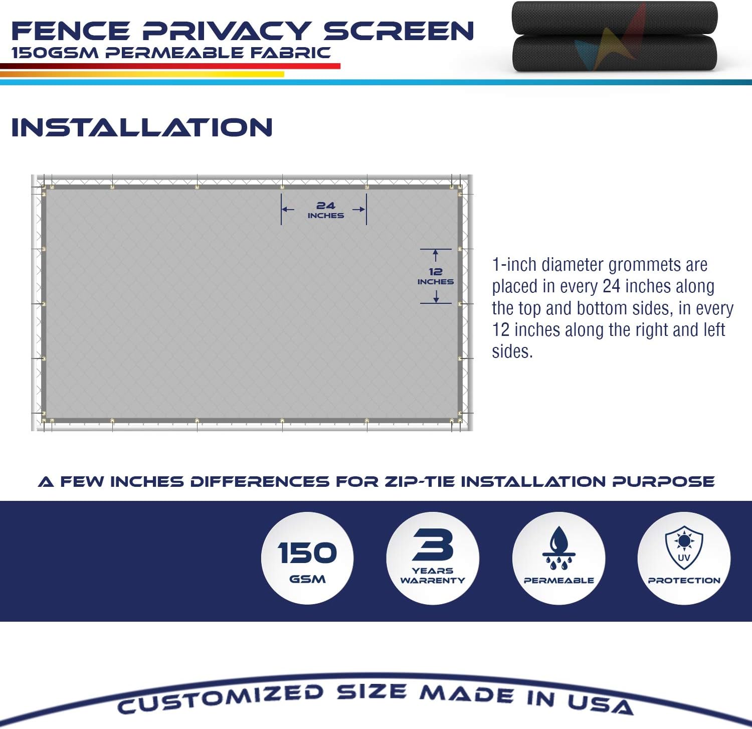 Windscreen4less - Cerca de privacidad resistente de 6 x 50 pies, color negro, ojales de latón, 4.42 onzas por yarda cuadrada, personalizable