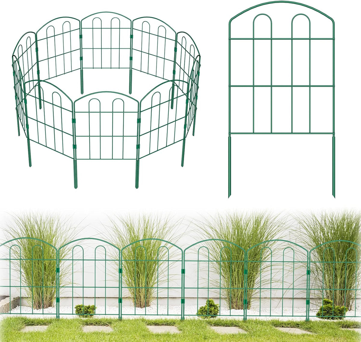 10 Pack Decorative Green Garden Fence Outdoor 24'' (H) x 10' (L) Coated Metal RustProof Landscape Wrought Iron Wire Border Folding Fences Flower Bed Fencing Animal Barrier Section Panels Decor