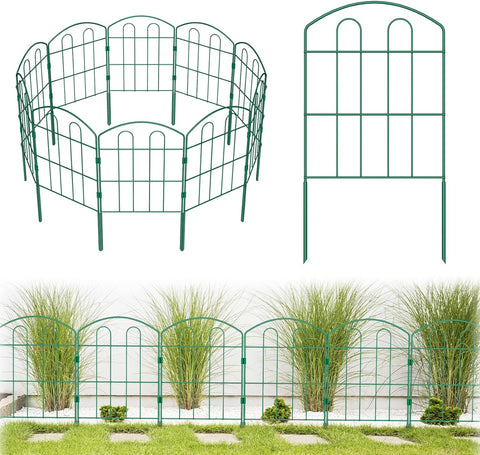 10 Pack Decorative Green Garden Fence Outdoor 24'' (H) x 10' (L) Coated Metal RustProof Landscape Wrought Iron Wire Border Folding Fences Flower Bed Fencing Animal Barrier Section Panels Decor