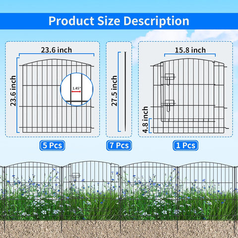 INJOPEXI Valla de jardín 6 paneles de 11.8 pies de largo x 30 pulgadas de alto, valla decorativa para jardín con 5 paneles + 1 puerta de alambre inoxidable sin excavar, valla de jardín de animales para exteriores, para patio trasero, patio, color negro