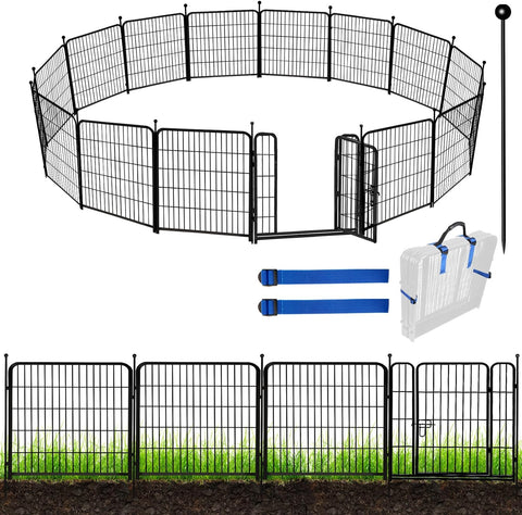 ADAVIN Valla de jardín de metal con puerta de 40 pulgadas de alto x 18 pies de largo, 8 paneles de valla de barrera alta para animales, borde de metal de hierro resistente negro, corral para perros para interiores y exteriores, valla de caravana sin excav