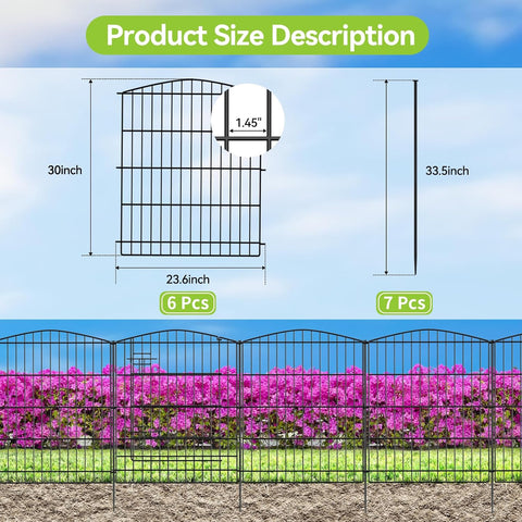 INJOPEXI Valla de jardín 6 paneles de 11.8 pies de largo x 30 pulgadas de alto, valla decorativa para jardín con 5 paneles + 1 puerta de alambre inoxidable sin excavar, valla de jardín de animales para exteriores, para patio trasero, patio, color negro
