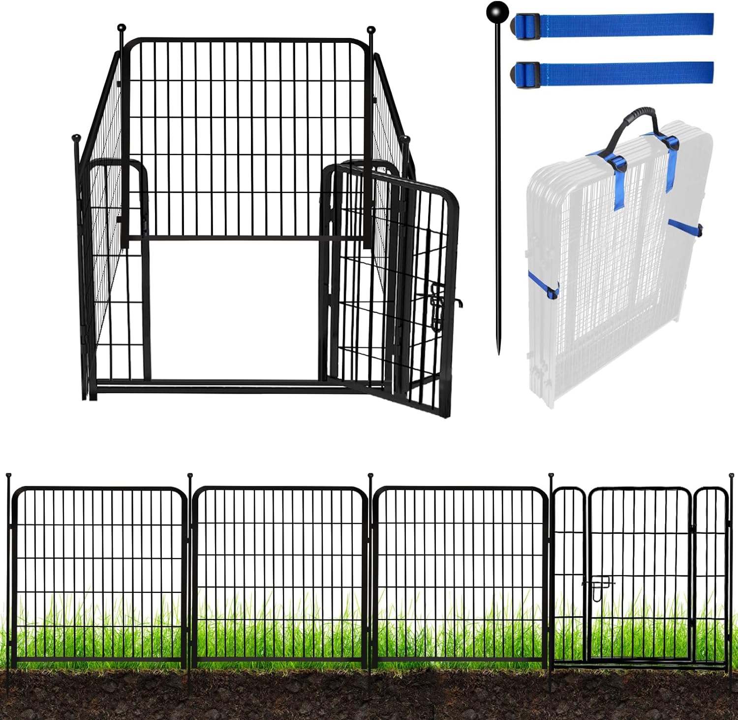 ADAVIN Valla de jardín de metal con puerta de 40 pulgadas de alto x 18 pies de largo, 8 paneles de valla de barrera alta para animales, borde de metal de hierro resistente negro, corral para perros para interiores y exteriores, valla de caravana sin excav