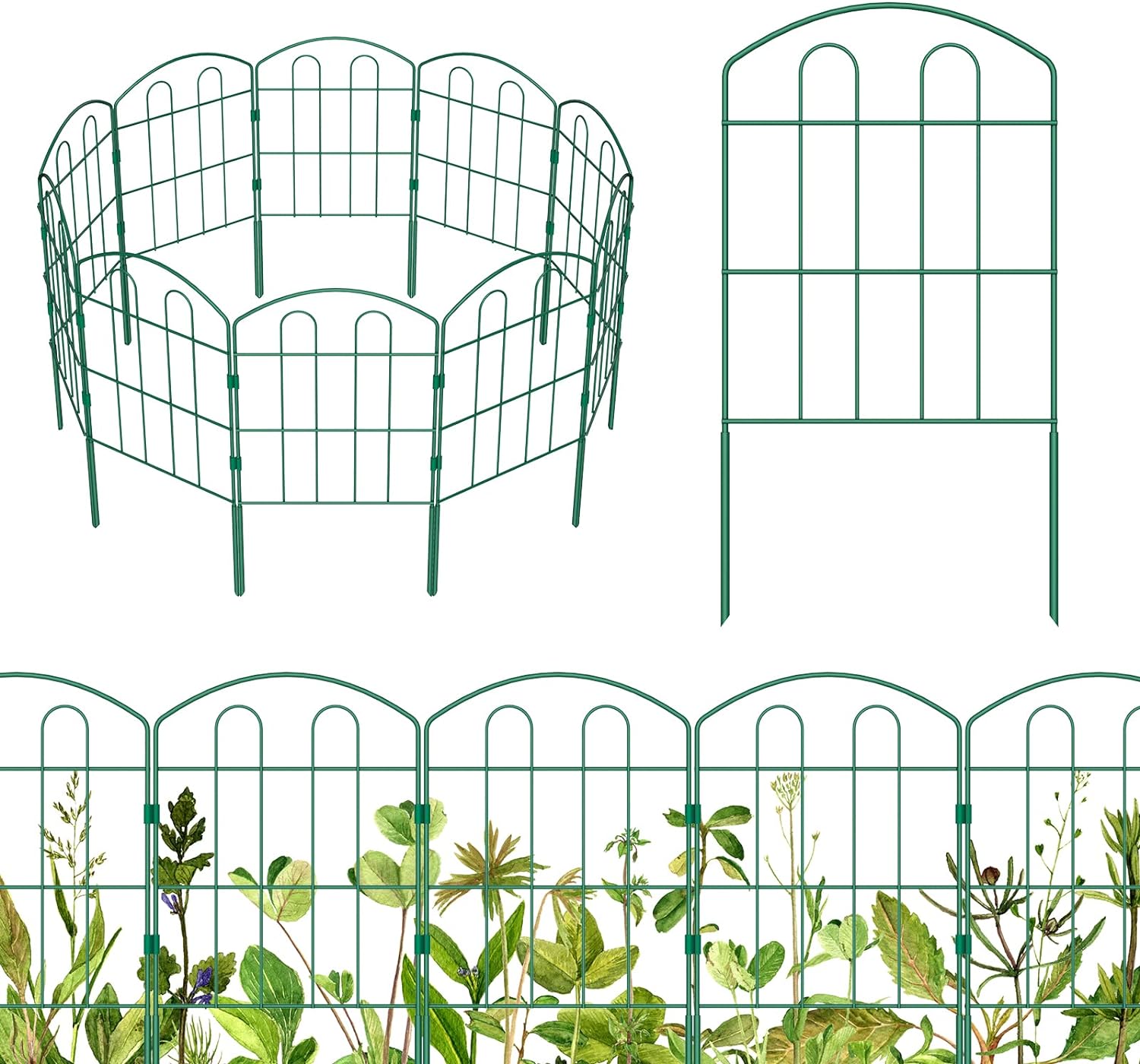 10 Pack Decorative Green Garden Fence Outdoor 24'' (H) x 10' (L) Coated Metal RustProof Landscape Wrought Iron Wire Border Folding Fences Flower Bed Fencing Animal Barrier Section Panels Decor