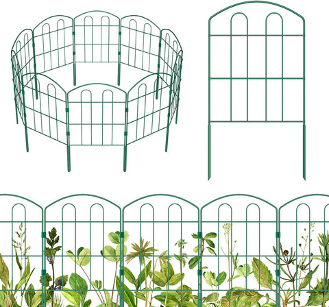 10 Pack Decorative Green Garden Fence Outdoor 24'' (H) x 10' (L) Coated Metal RustProof Landscape Wrought Iron Wire Border Folding Fences Flower Bed Fencing Animal Barrier Section Panels Decor