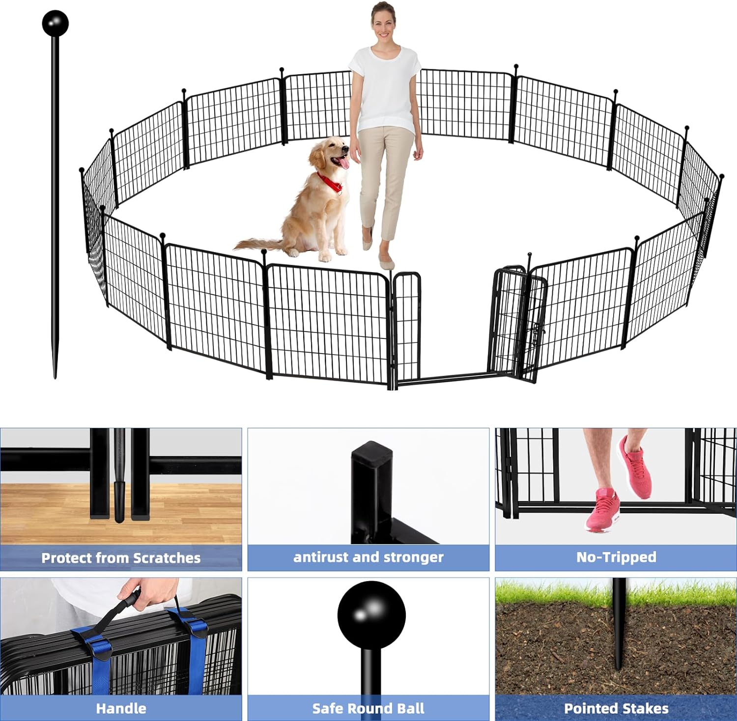 ADAVIN Valla de jardín de metal con puerta de 40 pulgadas de alto x 18 pies de largo, 8 paneles de valla de barrera alta para animales, borde de metal de hierro resistente negro, corral para perros para interiores y exteriores, valla de caravana sin excav