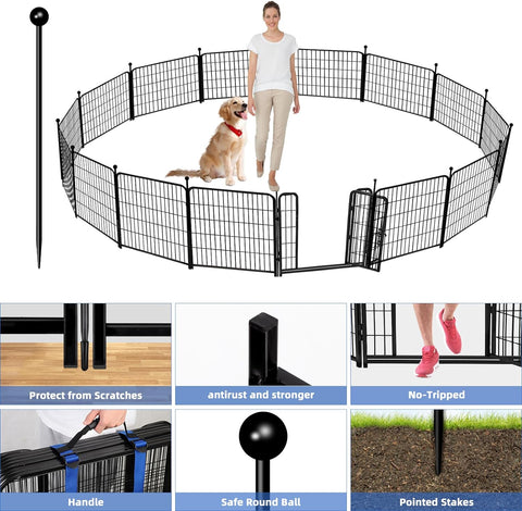 ADAVIN Valla de jardín de metal con puerta de 40 pulgadas de alto x 18 pies de largo, 8 paneles de valla de barrera alta para animales, borde de metal de hierro resistente negro, corral para perros para interiores y exteriores, valla de caravana sin excav