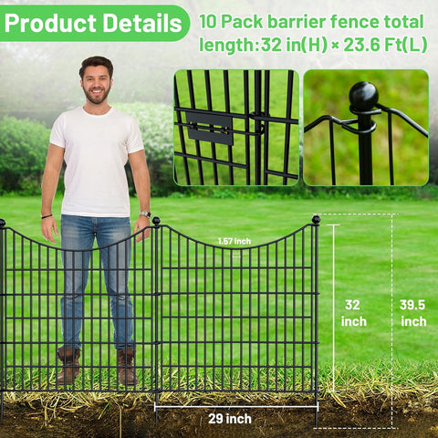 10 paneles de 32 pulgadas de alto x 23.6 pies de largo, valla decorativa de jardín al aire libre sin excavación para patio, barrera de animales, borde de alambre de metal inoxidable para perros, conejos y patio, estacas temporales para defensa de suelo