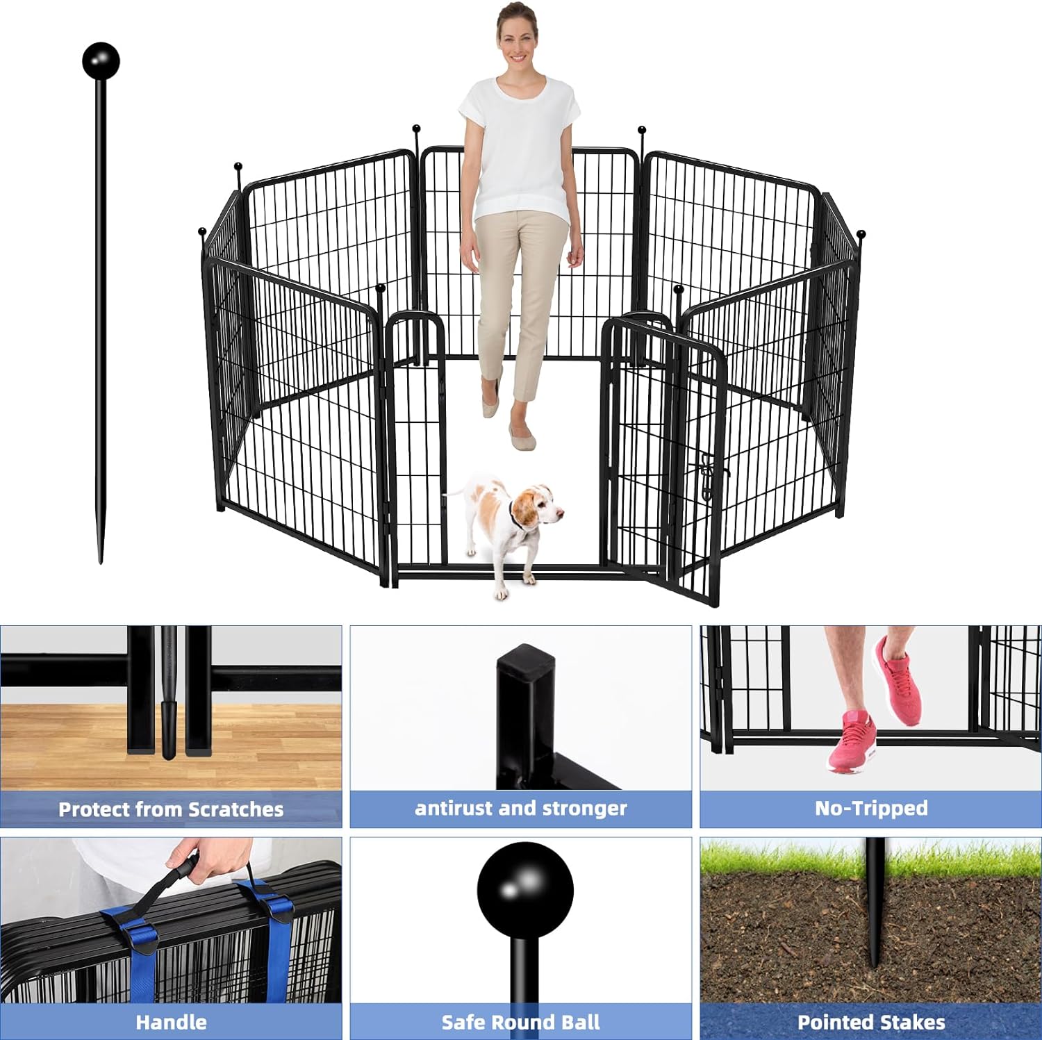 ADAVIN Valla de jardín de metal con puerta de 40 pulgadas de alto x 18 pies de largo, 8 paneles de valla de barrera alta para animales, borde de metal de hierro resistente negro, corral para perros para interiores y exteriores, valla de caravana sin excav