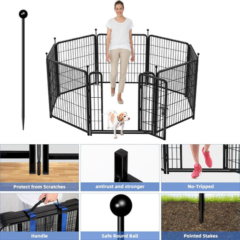 ADAVIN Valla de jardín de metal con puerta de 40 pulgadas de alto x 18 pies de largo, 8 paneles de valla de barrera alta para animales, borde de metal de hierro resistente negro, corral para perros para interiores y exteriores, valla de caravana sin excav