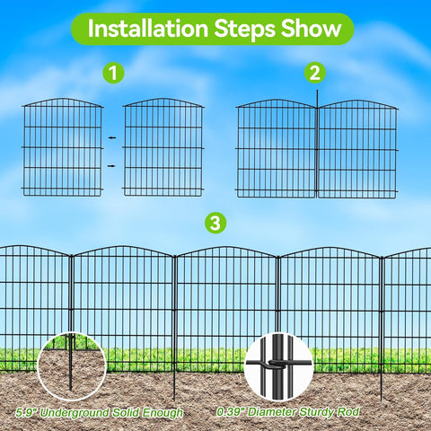 INJOPEXI Valla de jardín 6 paneles de 11.8 pies de largo x 30 pulgadas de alto, valla decorativa para jardín con 5 paneles + 1 puerta de alambre inoxidable sin excavar, valla de jardín de animales para exteriores, para patio trasero, patio, color negro