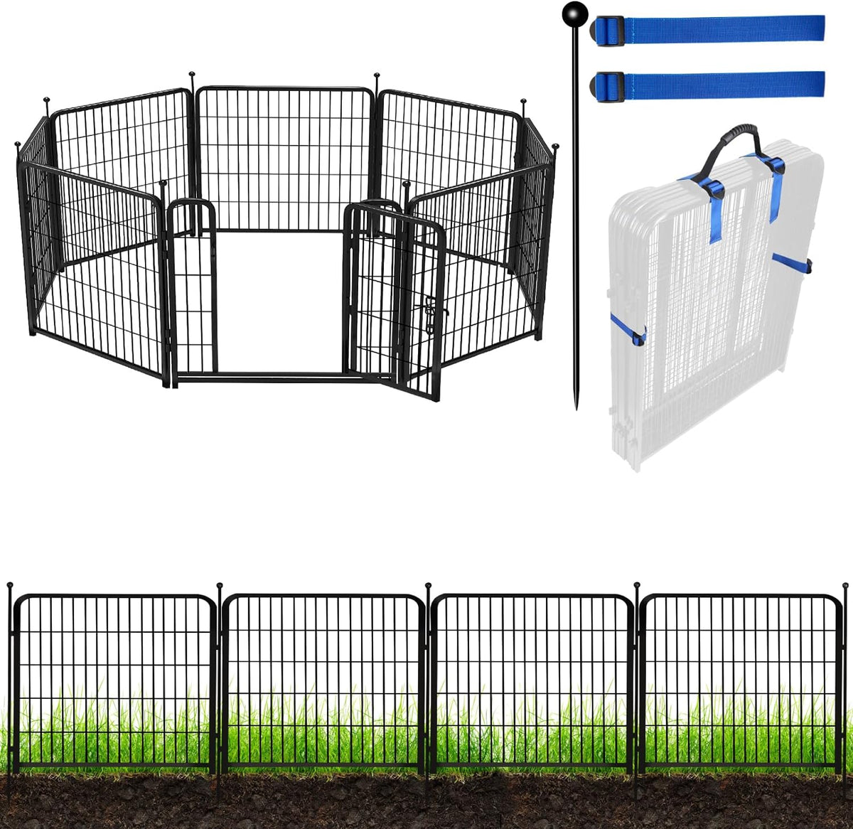 ADAVIN Valla de jardín de metal con puerta de 40 pulgadas de alto x 18 pies de largo, 8 paneles de valla de barrera alta para animales, borde de metal de hierro resistente negro, corral para perros para interiores y exteriores, valla de caravana sin excav